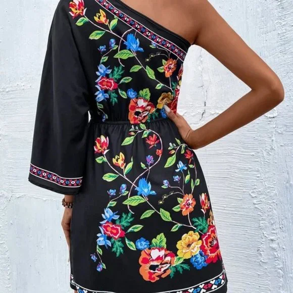 Shabby Chic  Floral One Shoulder Mini Dress Black - Picture 6 of 6